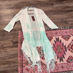 XCVI Cardigan Women S Tie Dye Open Front Knit Fringe Boho Cotton Sweater NEW